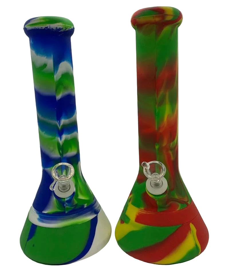 Two colorful glass bongs with swirling patterns on a white background