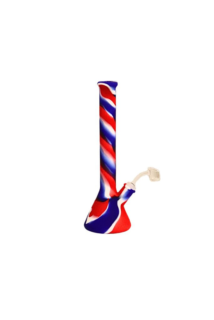 silicone pipe with red, white, and blue swirl pattern on a white background