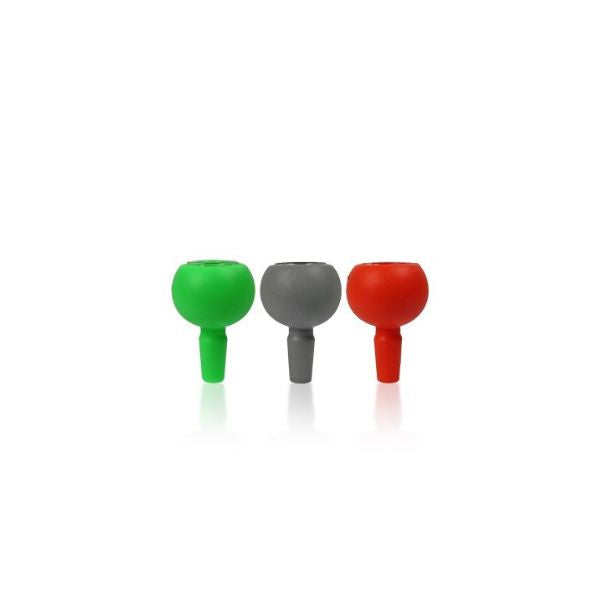 Three colorful silicone tips in green, gray, and red on a white background
