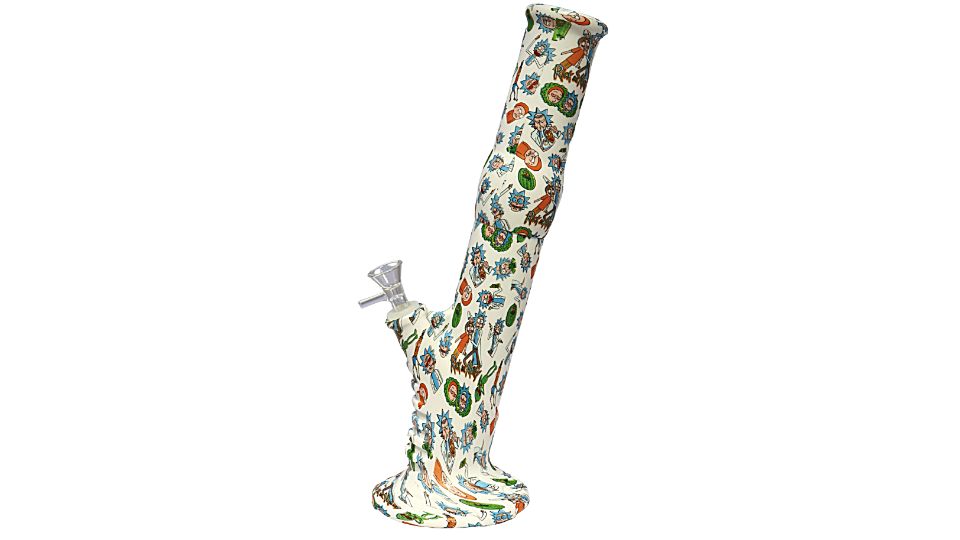 Decorative glass smoking device with a colorful pattern on a white background