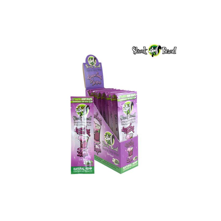 Display of Skunk Brand products with purple packaging on a white background
