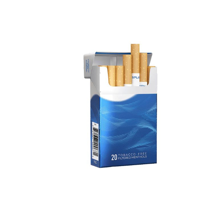 Splash Pack of cigarettes with blue and white design on a white background