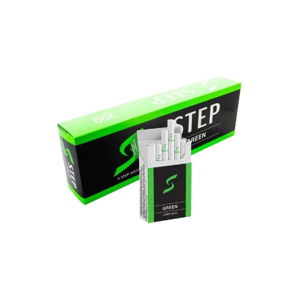 Cigarette packaging with green and black design on a white background