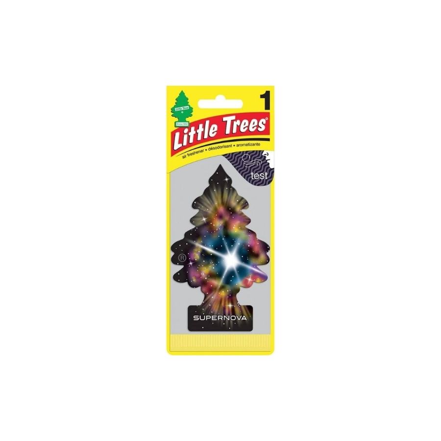 Little Trees air freshener packaging with a colorful tree design on a white background