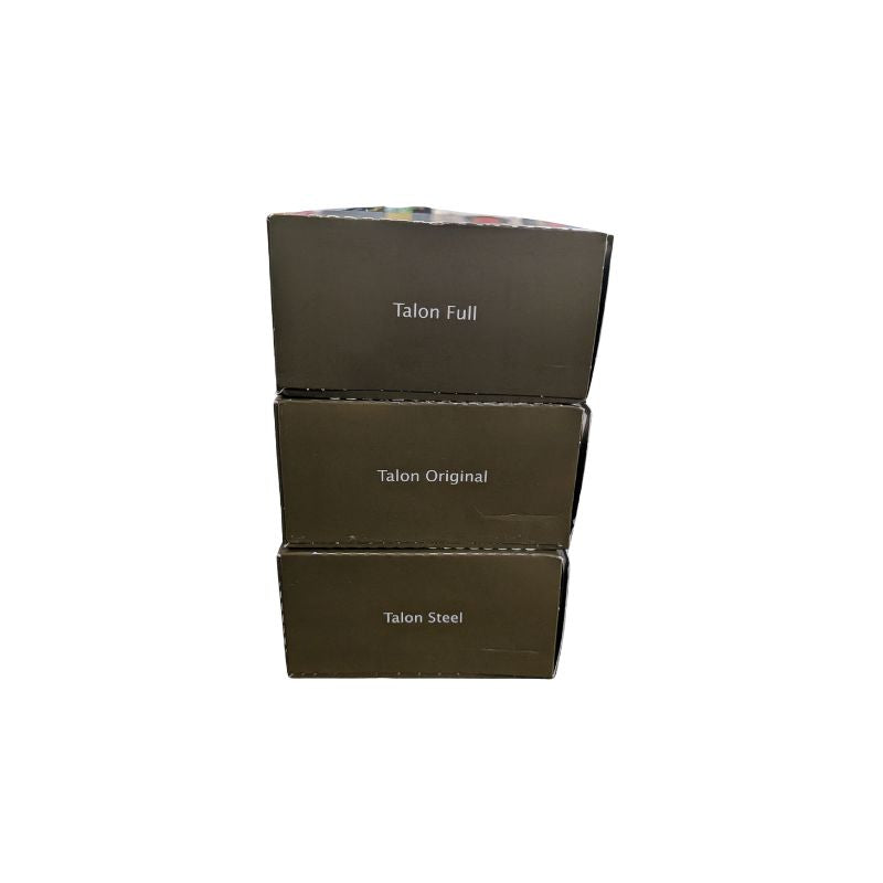 Three stacked dark brown cardboard boxes labeled 'Talon Full', 'Talon Original', and 'Talon Steel' on a plain white background.