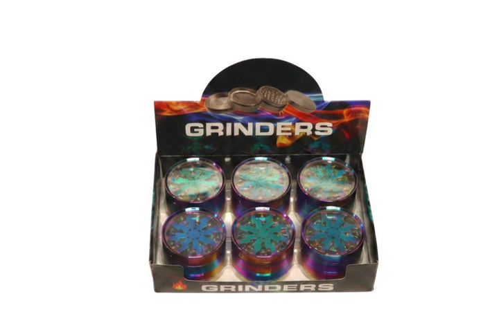 Box of grinders with colorful designs on a white background