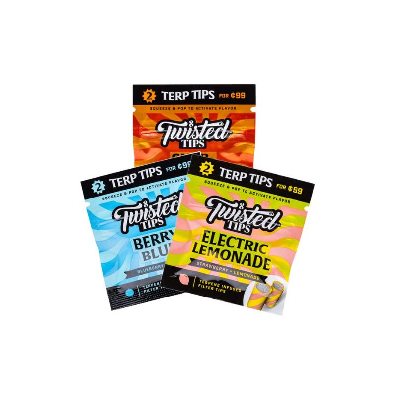 Three Twisted Tips Terp Tips flavor packs arranged in a fan shape on a plain white background. The packs feature colorful designs for Berry Blue, Electric Lemonade, and a third orange pack in the back on a white background
