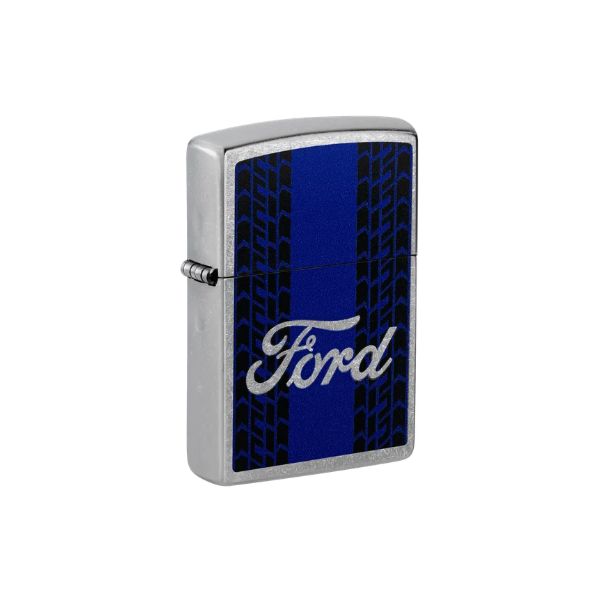 A silver metal Zippo lighter with a blue and black tire-track pattern on the front, featuring the Ford logo in white script on a white background