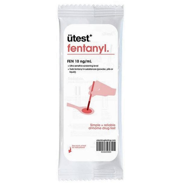 ütest fentanyl drug test kit packaging on a white background