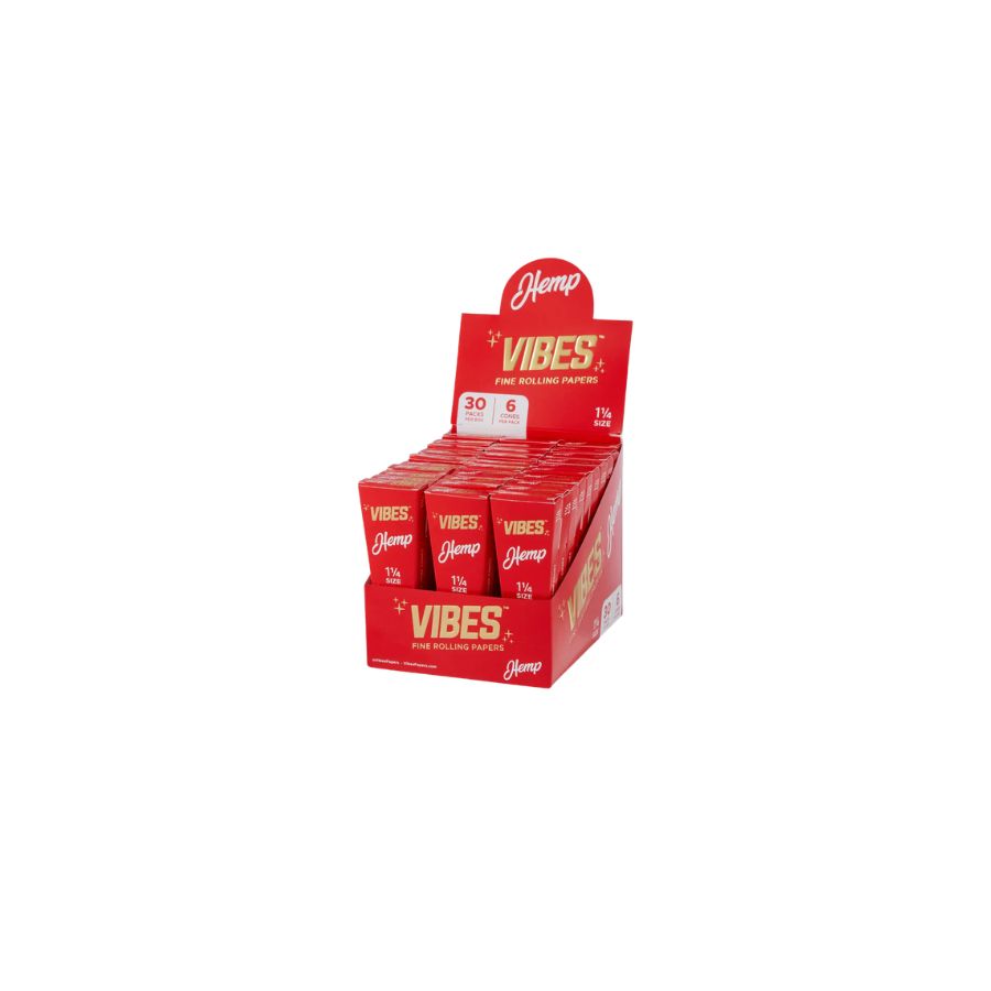 Display of red 'Vibes' rolling paper boxes on a white background