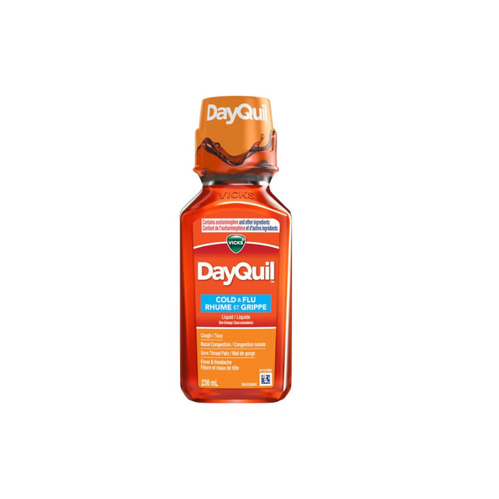 Vicks Dayquil Cold &amp; Flu Non-Drowsy Liquid 236mL white background
