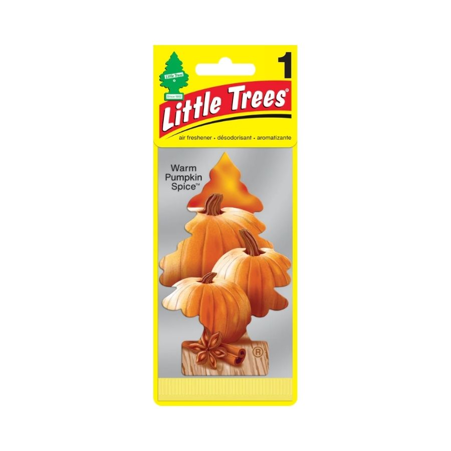Little Trees air freshener packaging with pumpkins and &