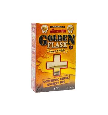 A 4 oz box of The Wezzinator Golden Flask Synthetic Urine Novelties Kit, featuring a bright orange and yellow design with a gold cross graphic on the front.