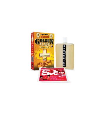 Golden Flash oral spray kit featuring a yellow and orange product box, a beige plastic bottle, and a red packet of EMT cold sore ointment on a plain white background.