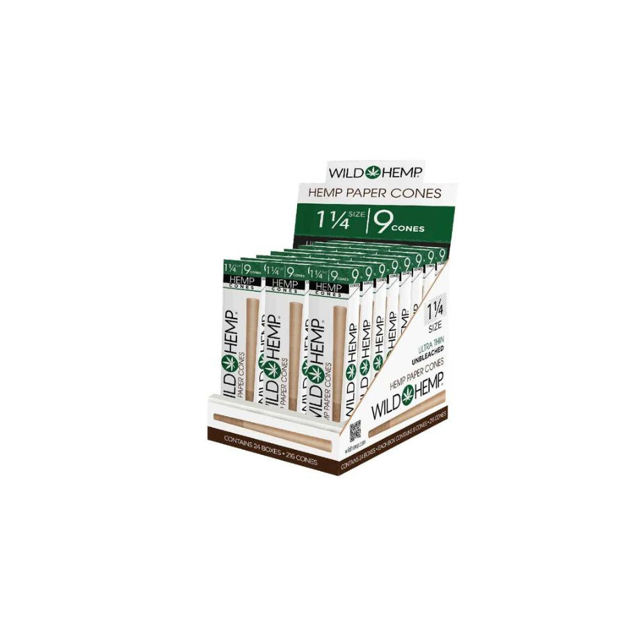 Display of Wild Hemp hemp paper cones packaging on a white background