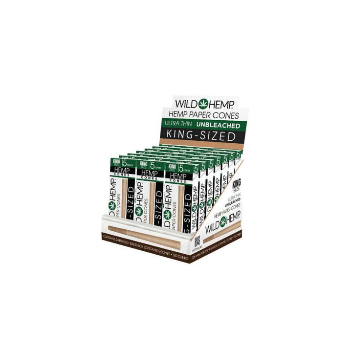 Display of Wild Hemp Hemp Paper Cones packaging on a white background