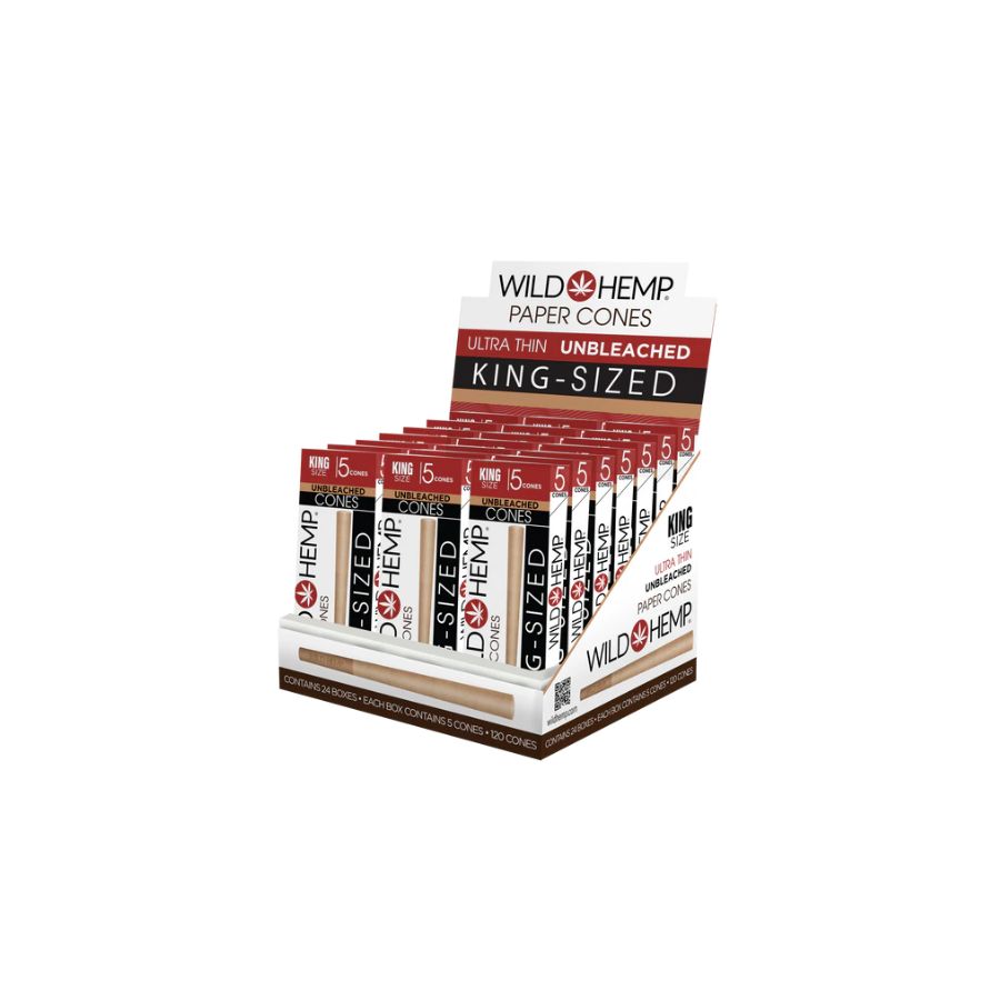Display of Wild Hemp paper cones packaging on a white background