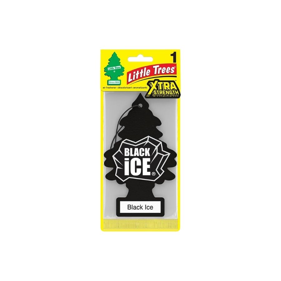 Little Trees Extra Black Ice air freshener packaging on a white background