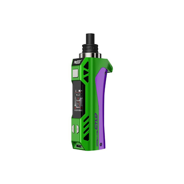 Green and purple electronic device on a white background