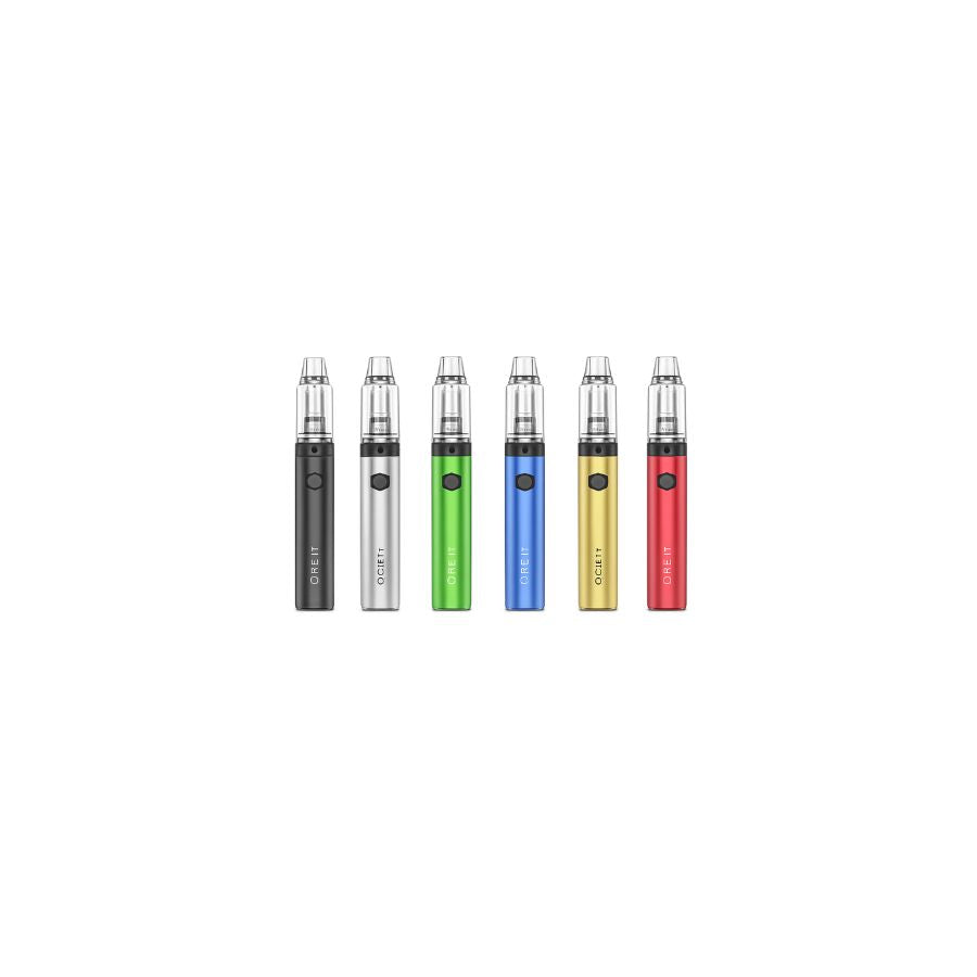Five electronic devices in different colors on a white background