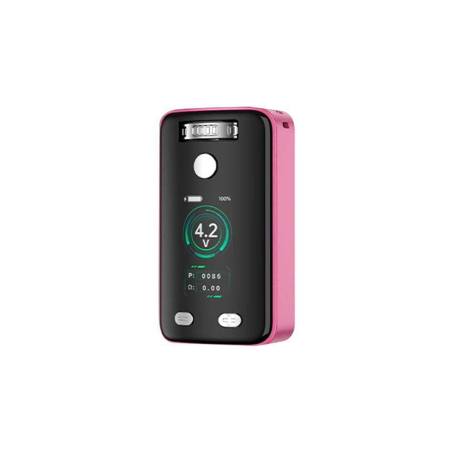 Black and pink electronic device with digital display on a white background