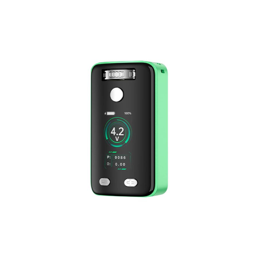 Black and green electronic device with digital display on a white background