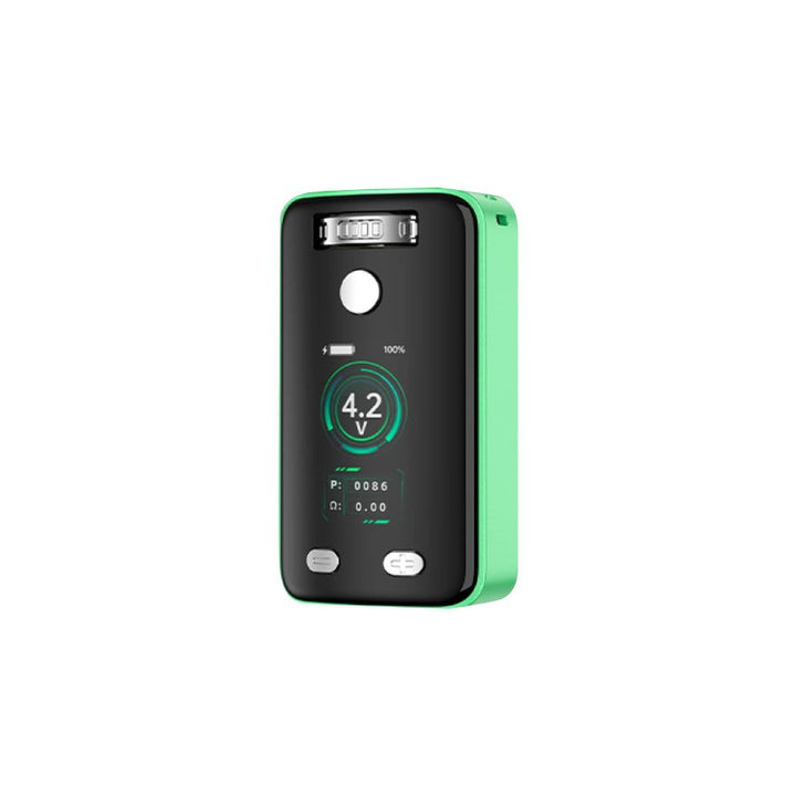 Black and green electronic device with digital display on a white background