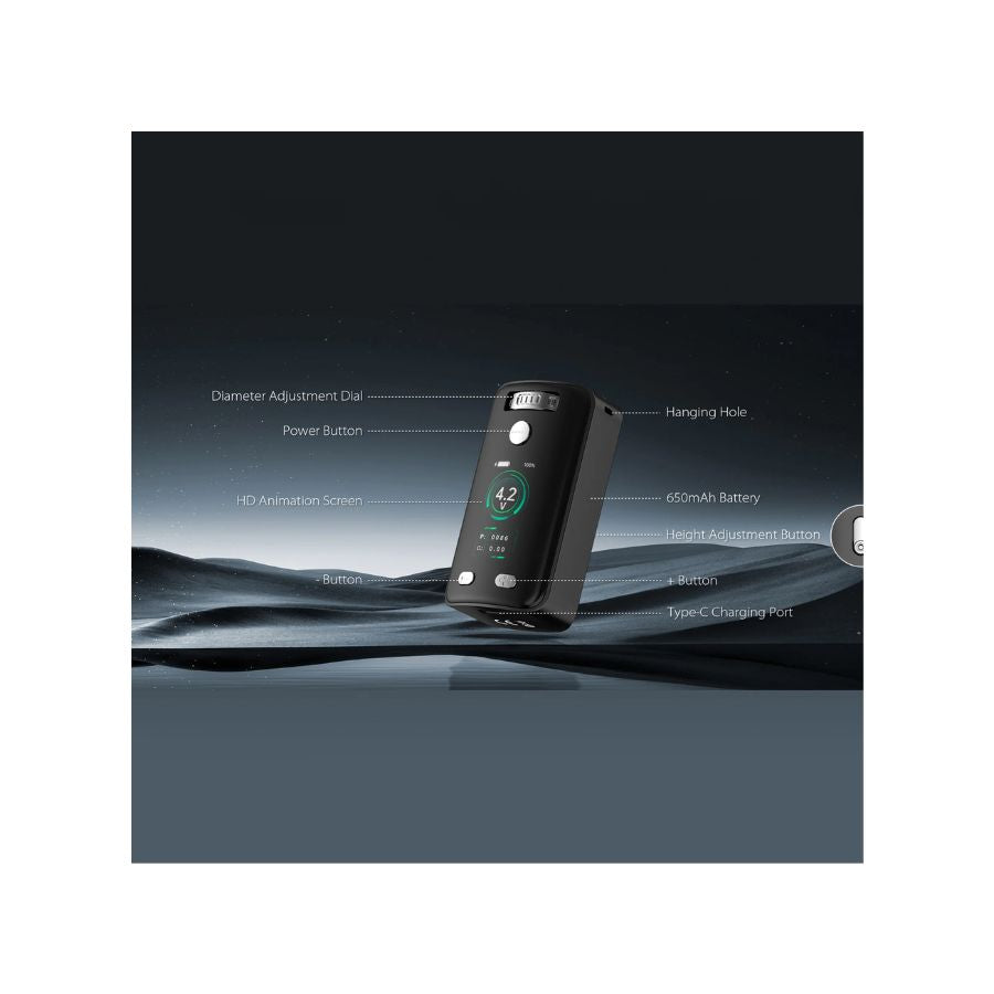 Electronic device with labeled features on a dark background