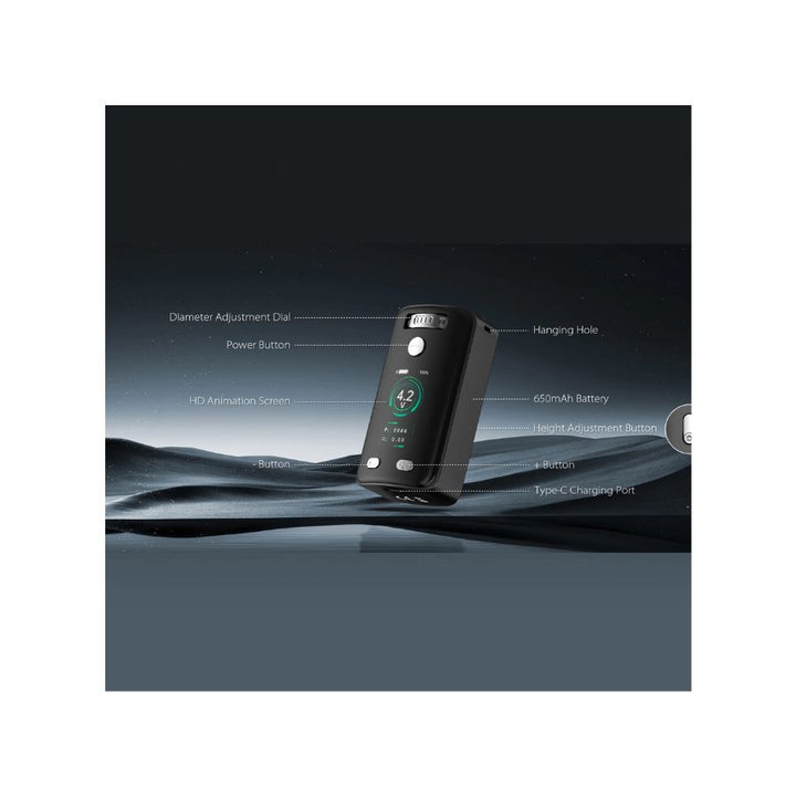 Electronic device with labeled features on a dark background