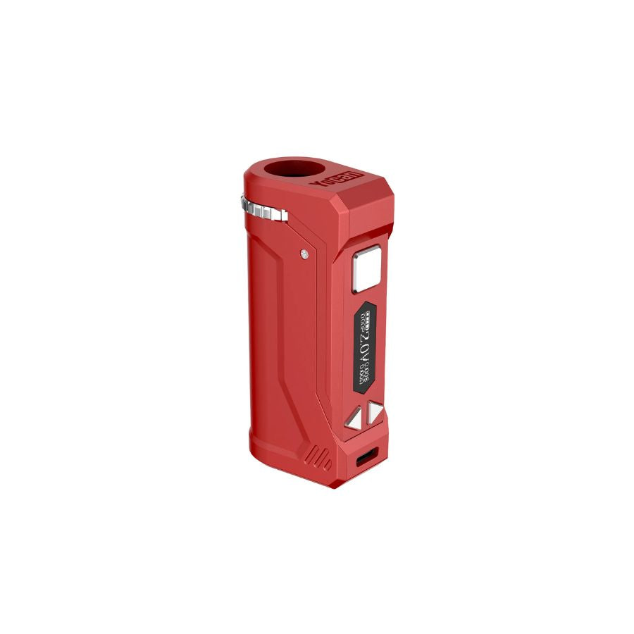 Red electronic device with visible branding on a white background