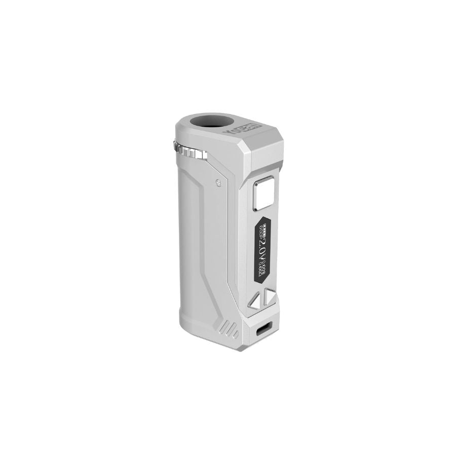 Silver electronic device with branding on a white background
