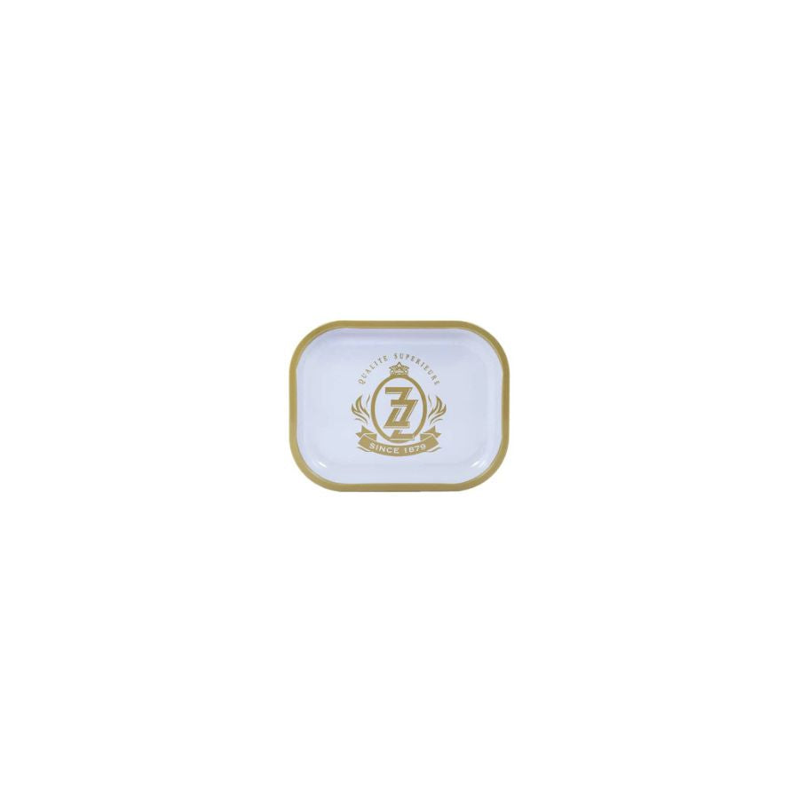 Small rectangular tray with a gold border and logo on a white background