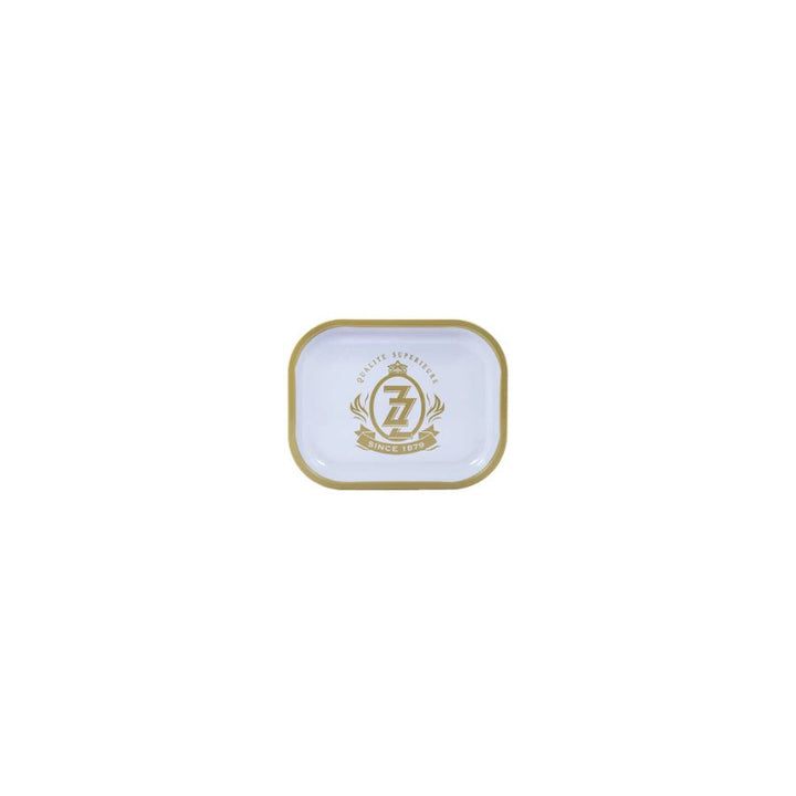Small rectangular tray with a gold border and logo on a white background