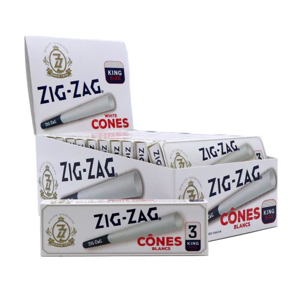 Multiple boxes of Zig-Zag white cones on a white background