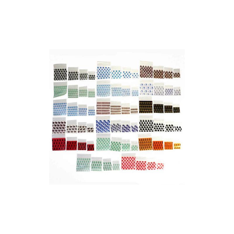 A collection of small rectangular patterned strips or swatches arranged in rows on a white background, showing various colors and repeating geometric designs.