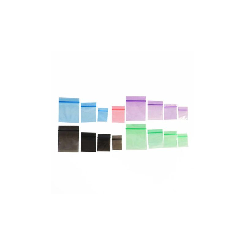 small ziplock bags, various colors on a white background