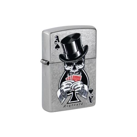 A silver Zippo-style lighter with a brushed metal finish, featuring a graphic of a skull wearing a black top hat and holding playing cards, with an Ace of Spades symbol and the brand name &