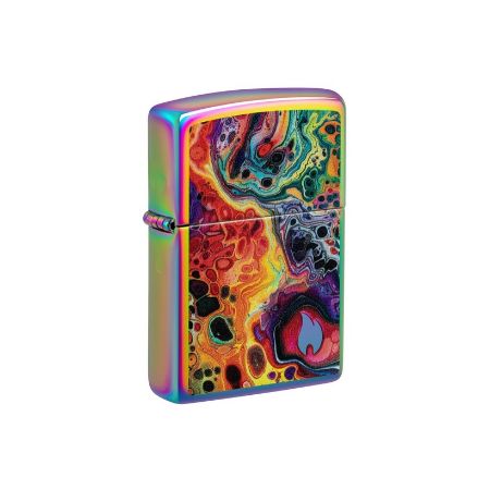 A Zippo-style lighter with a vibrant, multicolored abstract fluid art pattern on the front, featuring an iridescent rainbow finish on the sides and a small rainbow-tinted wick.