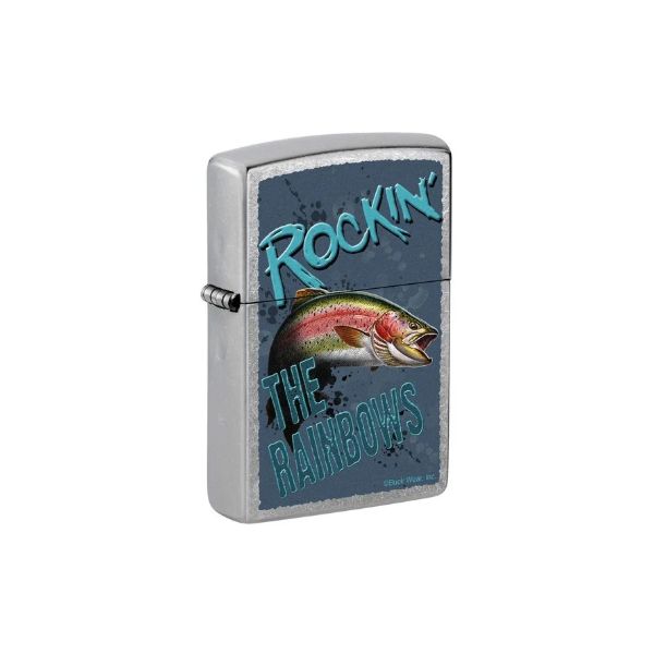 A silver metal lighter with a printed graphic on the front featuring a rainbow trout fish and the text &
