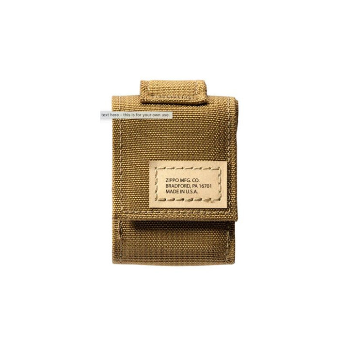 A Zippo Tactical Coyote colored utility pouch in tan canvas with a stitched leather brand patch reading &