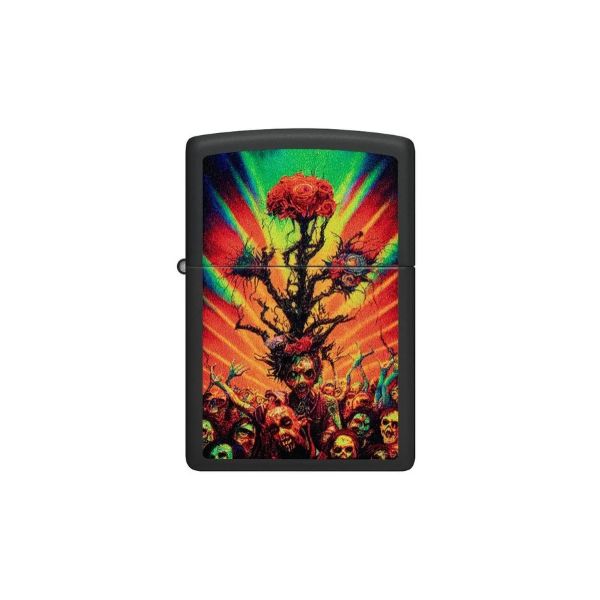 A black Zippo-style lighter with a colorful psychedelic graphic print on the front, featuring a glowing tree, red roses, and skulls against a rainbow burst background, shown on a plain white background.