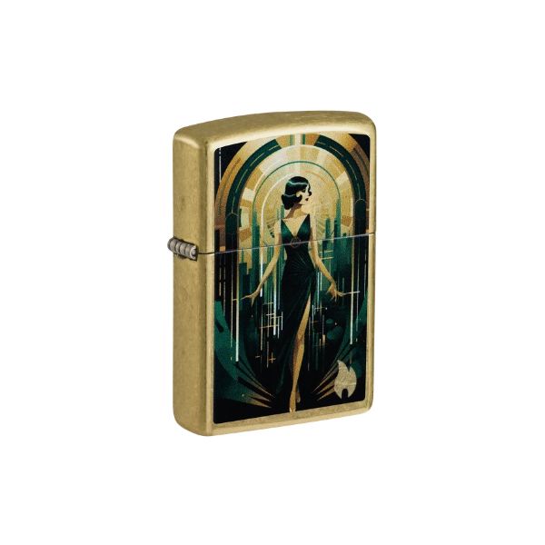 A brushed brass Zippo-style lighter featuring an Art Deco illustration of a woman in a black dress against a gold and teal archway background, shown on a plain white background.