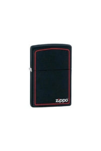 A black Zippo lighter with a thin red border and a white Zippo logo on the bottom right, shown against a plain white background.