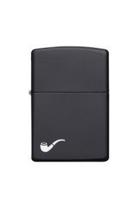 A matte black rectangular lighter with rounded corners and a small white smoking pipe graphic near the bottom left, shown on a plain white background.