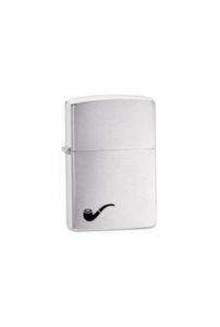 A classic Zippo rectangular lighter with a brushed silver finish and a small black smoking pipe engraving in the lower-right corner, set against a plain white background.