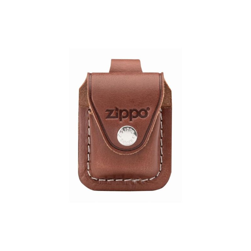 A brown leather Zippo lighter holder with a snap button closure and the embossed Zippo logo on the front, set against a plain white background.