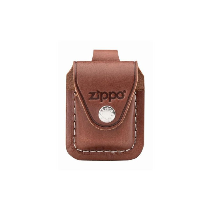 A brown leather Zippo lighter holder with a snap button closure and the embossed Zippo logo on the front, set against a plain white background.
