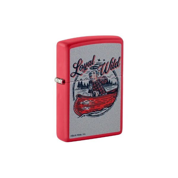 A red Zippo-style lighter with a silver textured front panel featuring a vintage illustration of a person in a red canoe under the words &