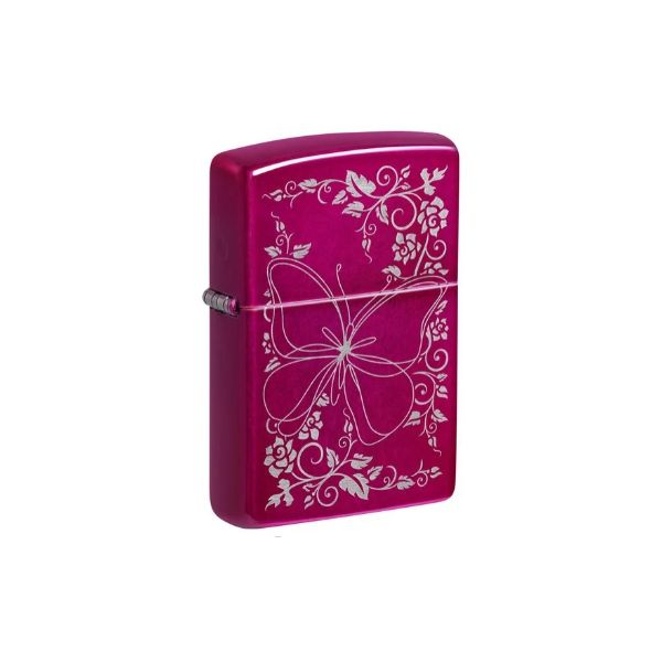 A glossy magenta pink Zippo lighter with a white floral and butterfly design engraved on the front, shown against a plain white background.