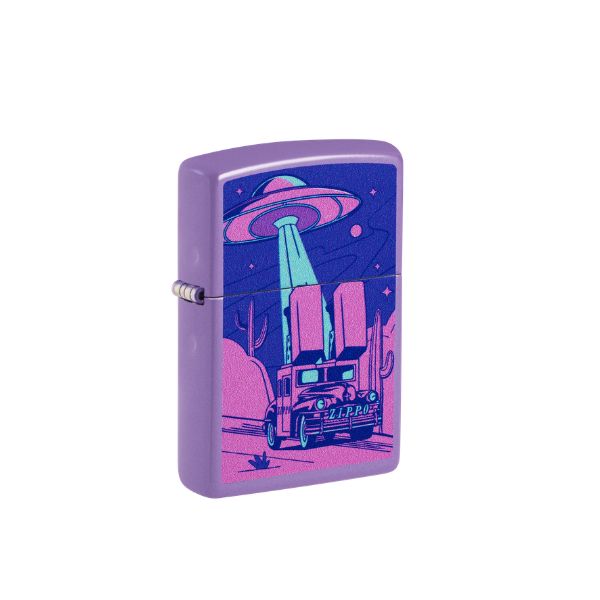 A purple metal Zippo lighter with a colorful retro sci-fi illustration on the lid, featuring a UFO, a beam of light, and a pickup truck, shown on a plain white background.